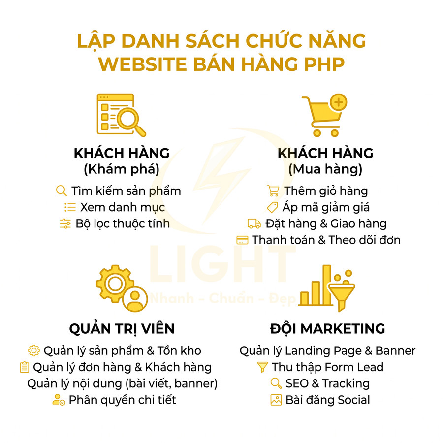 Danh sách chức năng website bán hàng PHP cho khách hàng quản trị viên và đội marketing