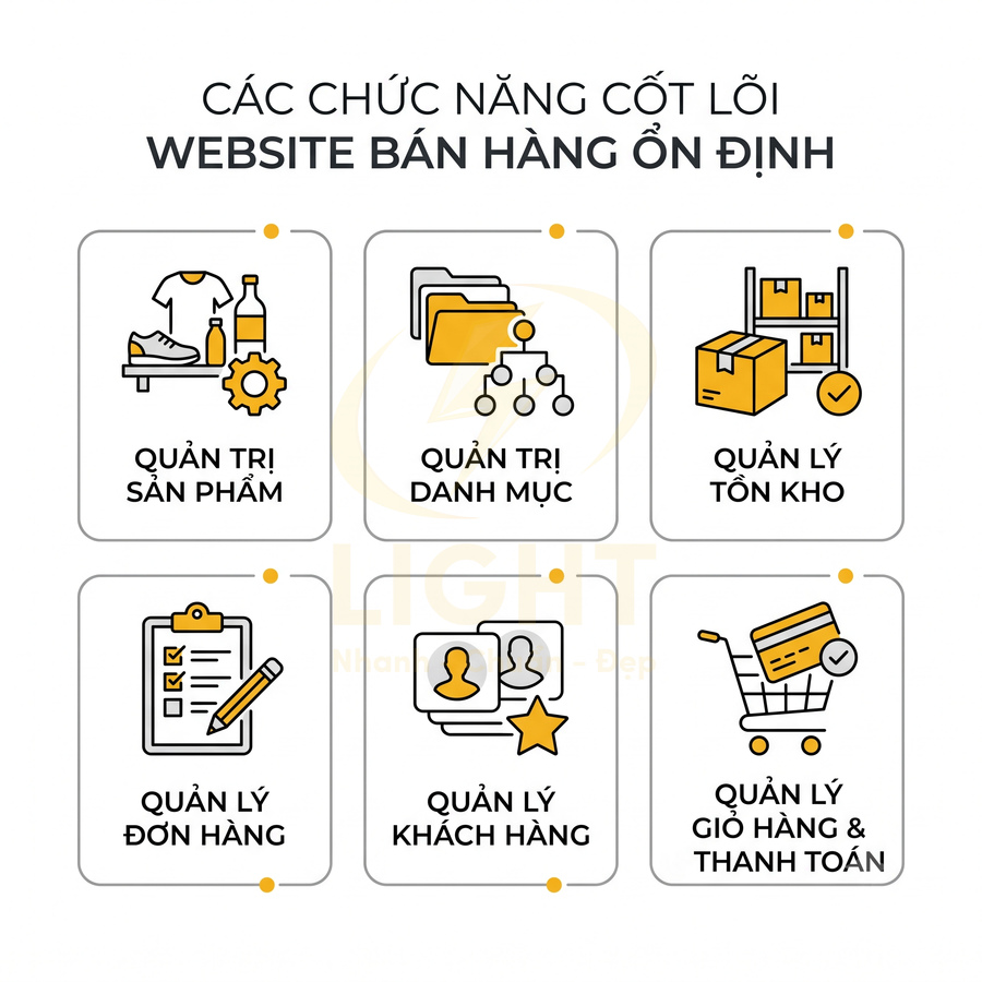 Các chức năng cốt lõi của website bán hàng gồm quản trị sản phẩm, danh mục, tồn kho, đơn hàng, khách hàng, giỏ hàng thanh toán