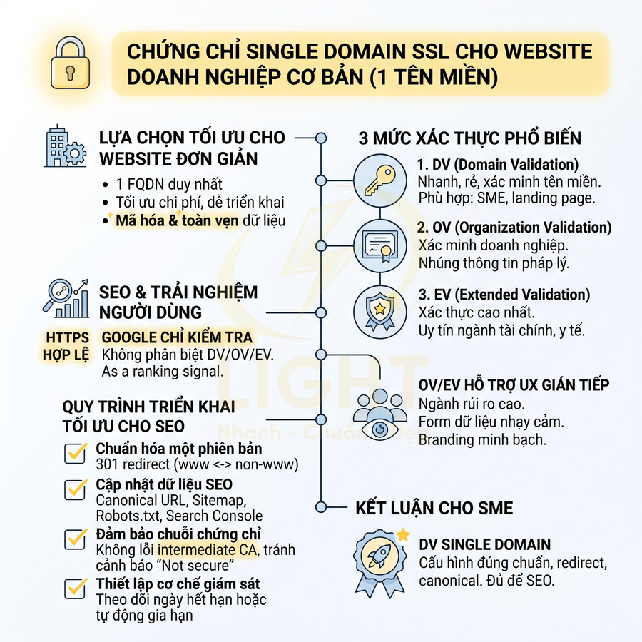 Infographic chứng chỉ Single Domain SSL cho website doanh nghiệp cơ bản với lợi ích SEO và các mức xác thực DV OV EV