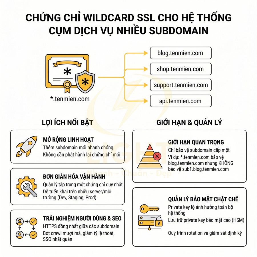 Infographic giới thiệu chứng chỉ Wildcard SSL, lợi ích và giới hạn khi bảo mật nhiều subdomain như blog, shop, support, api