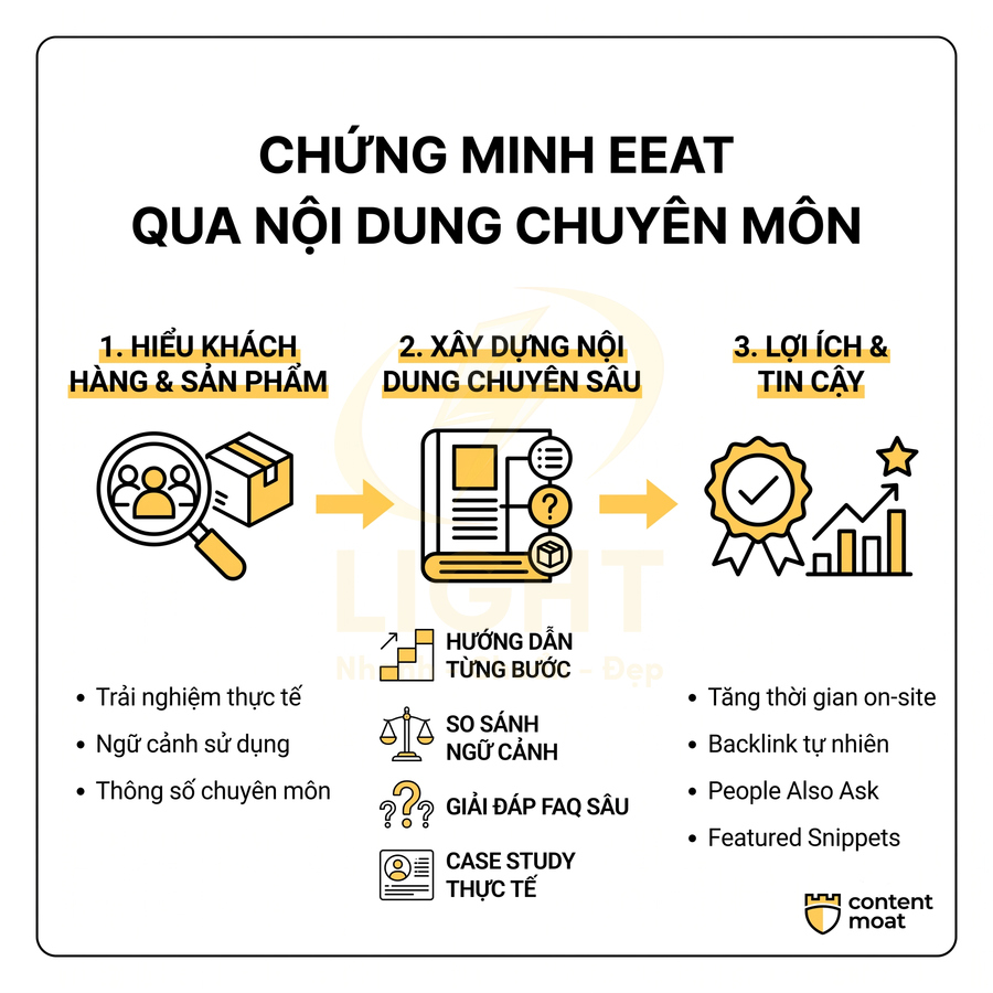 Quy trình chứng minh EEAT qua nội dung chuyên môn với ba bước và lợi ích cho website content moat