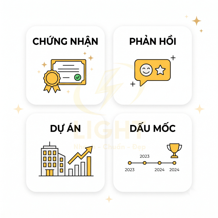 Thiết kế icon chứng nhận, phản hồi khách hàng, dự án tăng trưởng và dấu mốc thành tựu theo mốc thời gian
