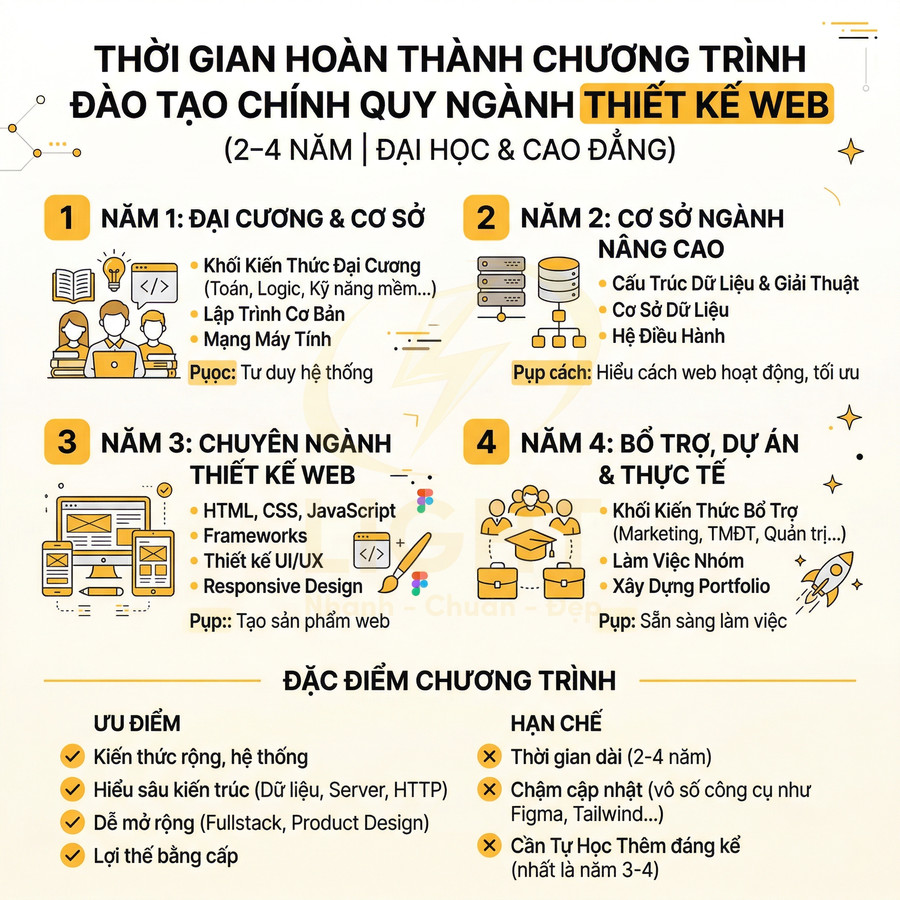 Lộ trình 4 năm chương trình đào tạo chính quy ngành thiết kế web với các môn học và ưu nhược điểm chi tiết