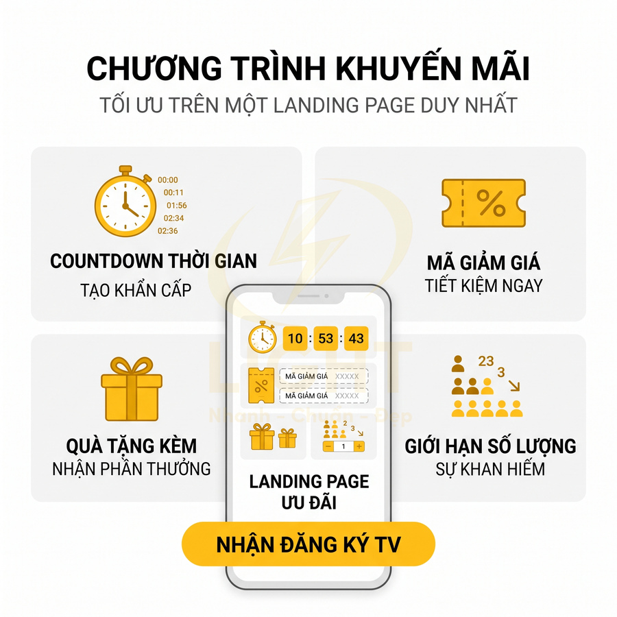 Mẫu landing page khuyến mãi với countdown thời gian, mã giảm giá, quà tặng kèm và giới hạn số lượng
