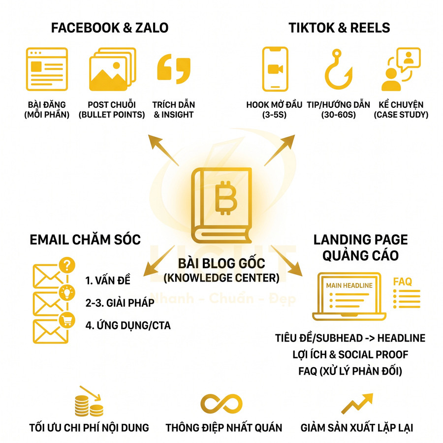 Mô hình chuyển đổi nội dung từ bài blog gốc sang Facebook Zalo TikTok email chăm sóc và landing page quảng cáo