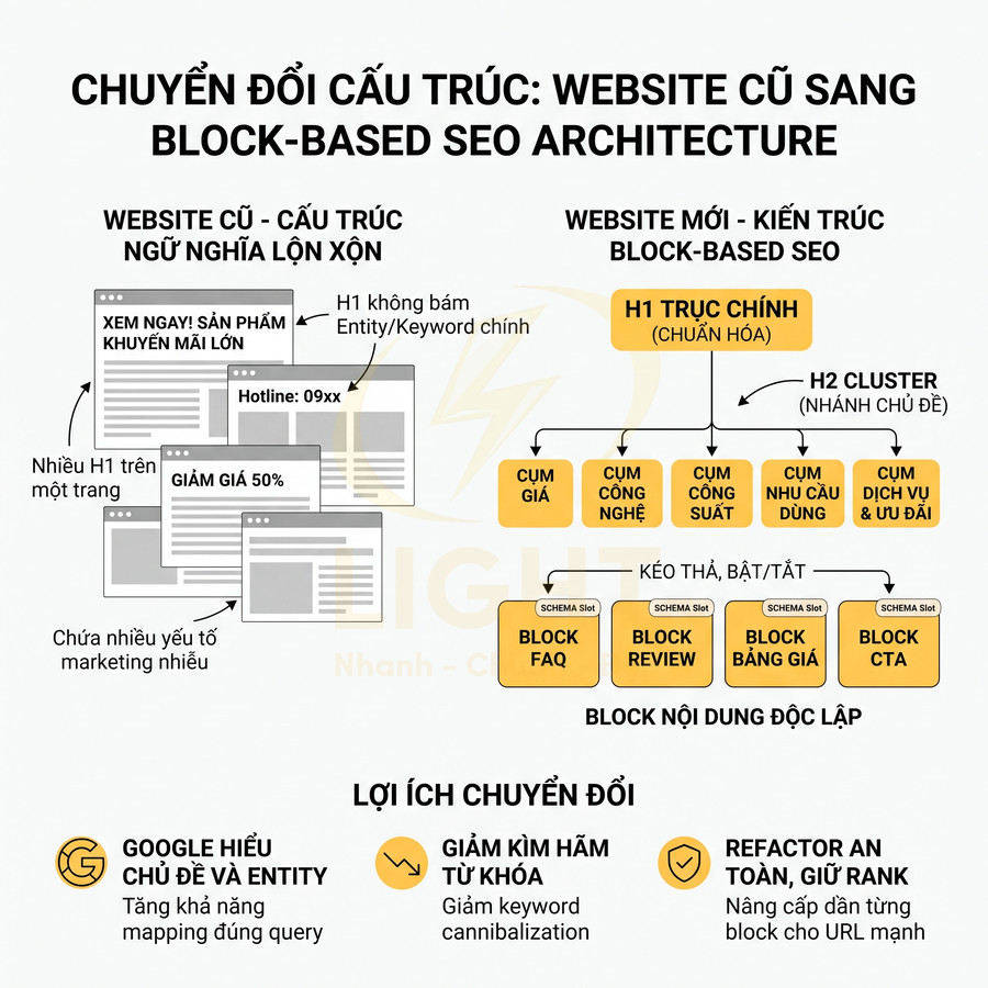 Sơ đồ chuyển đổi cấu trúc website cũ sang kiến trúc block based SEO với H1, H2 cluster và các block nội dung độc lập