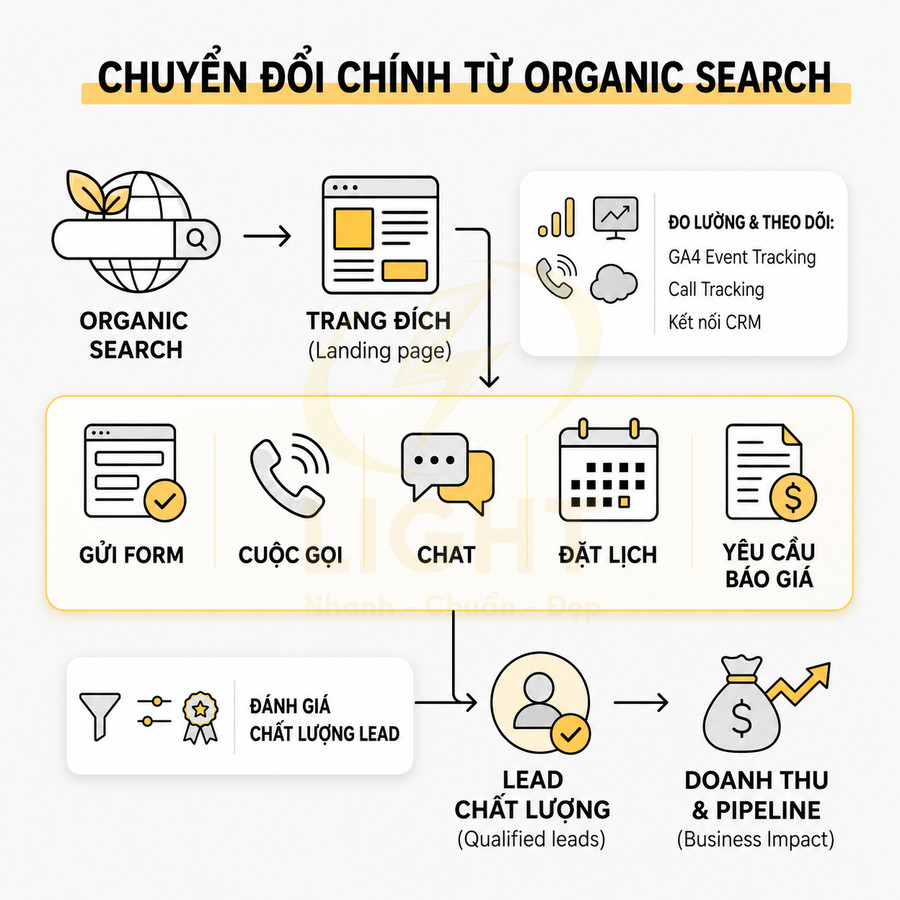 Quy trình chuyển đổi từ organic search thành lead chất lượng và doanh thu qua landing page và các hành động liên hệ
