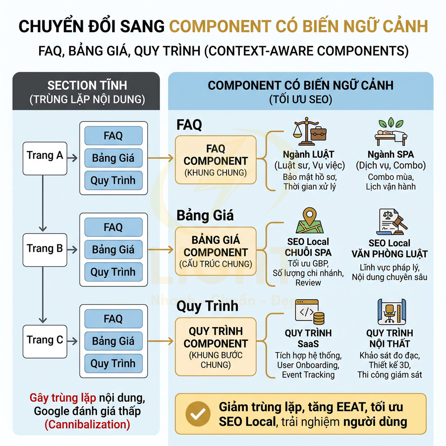 Sơ đồ chuyển đổi FAQ, bảng giá, quy trình sang component có biến ngữ cảnh để tối ưu SEO Local và giảm trùng lặp nội dung