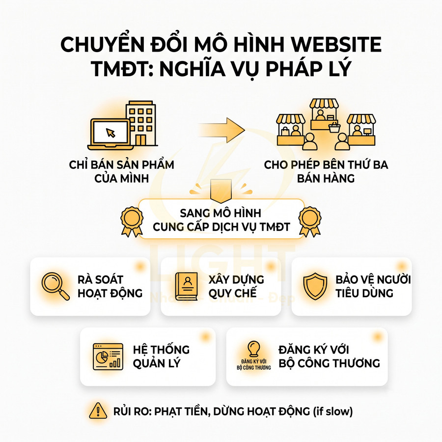 Mô hình website TMĐT chuyển sang cung cấp dịch vụ, nêu nghĩa vụ pháp lý và rủi ro cho doanh nghiệp