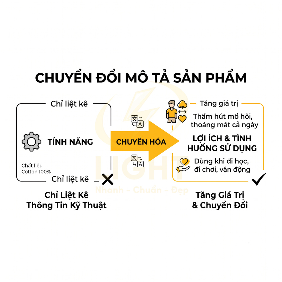 Minh họa chuyển đổi mô tả sản phẩm từ tính năng kỹ thuật sang lợi ích và tình huống sử dụng giúp tăng giá trị và chuyển đổi