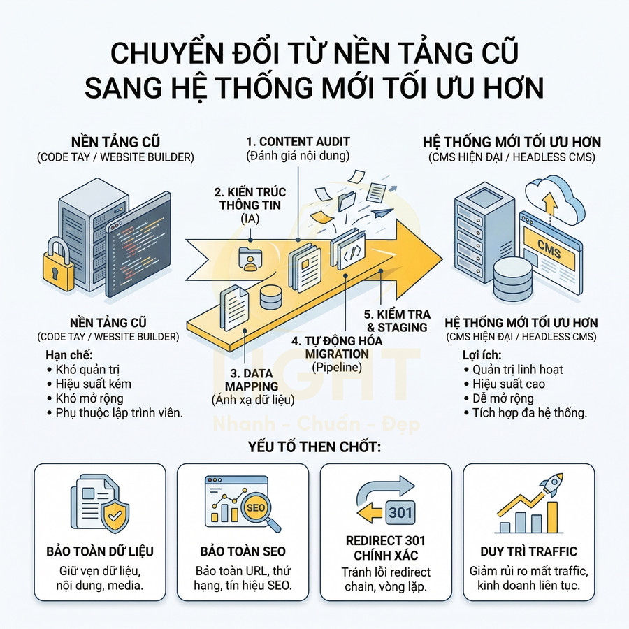 Quy trình chuyển đổi website từ nền tảng cũ sang hệ thống CMS mới tối ưu, bảo toàn dữ liệu và SEO