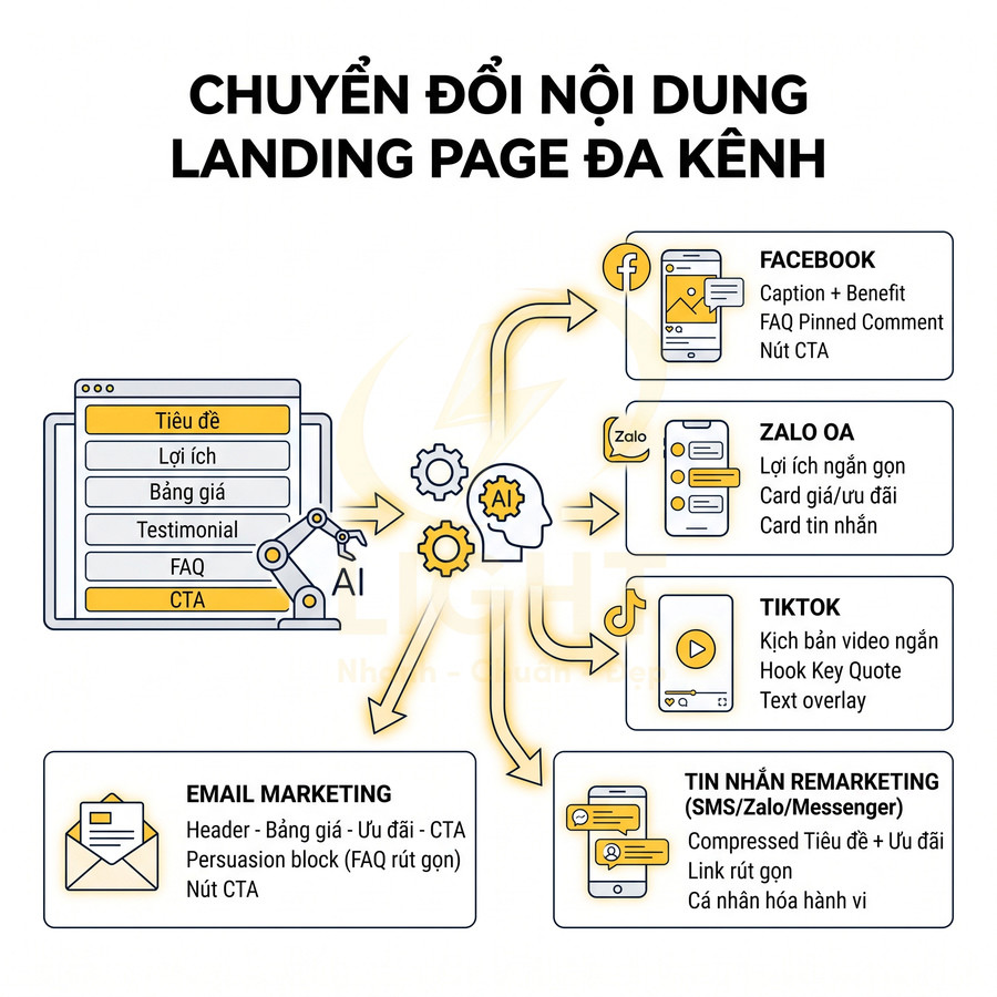 Mô hình AI chuyển đổi nội dung landing page thành bài Facebook, Zalo OA, TikTok, email và tin nhắn remarketing