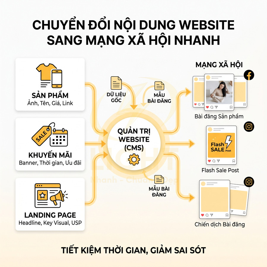 Mô tả quy trình chuyển nội dung sản phẩm, khuyến mãi, landing page từ website CMS sang bài đăng mạng xã hội