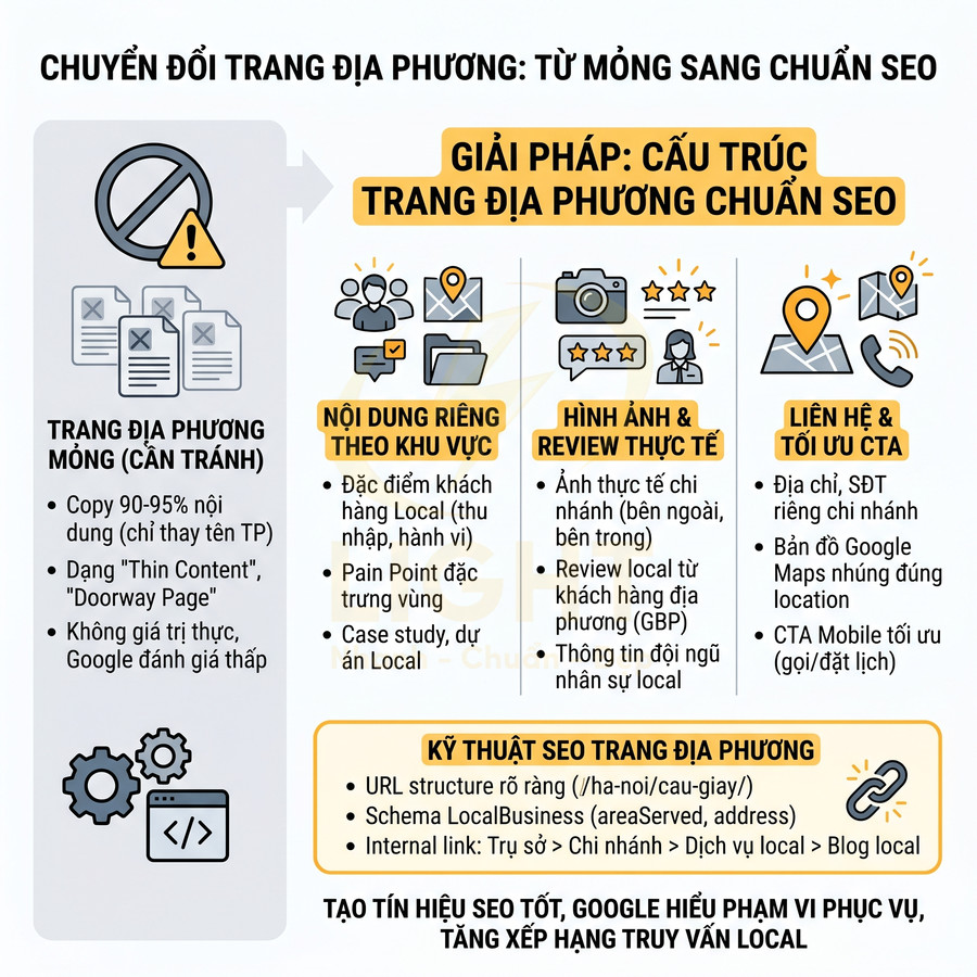 Infographic hướng dẫn cấu trúc trang địa phương chuẩn SEO với nội dung, hình ảnh review, liên hệ và kỹ thuật tối ưu local