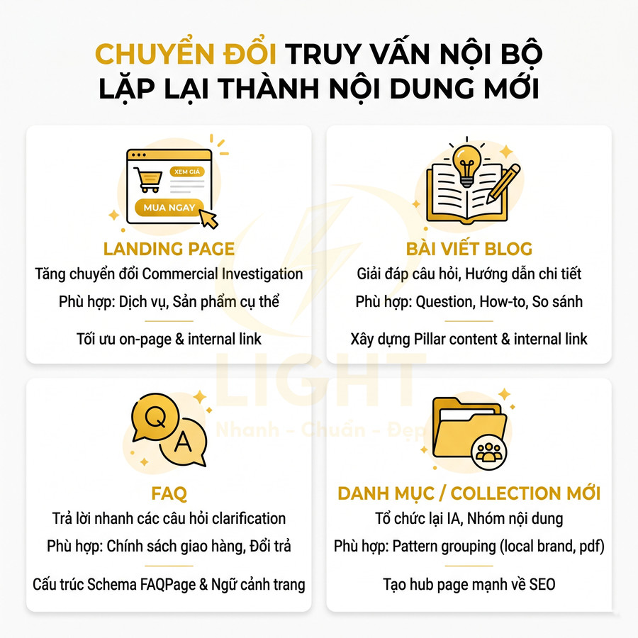 Chuyển đổi truy vấn nội bộ lặp lại thành nội dung mới cho landing page, blog, FAQ và danh mục collection mới