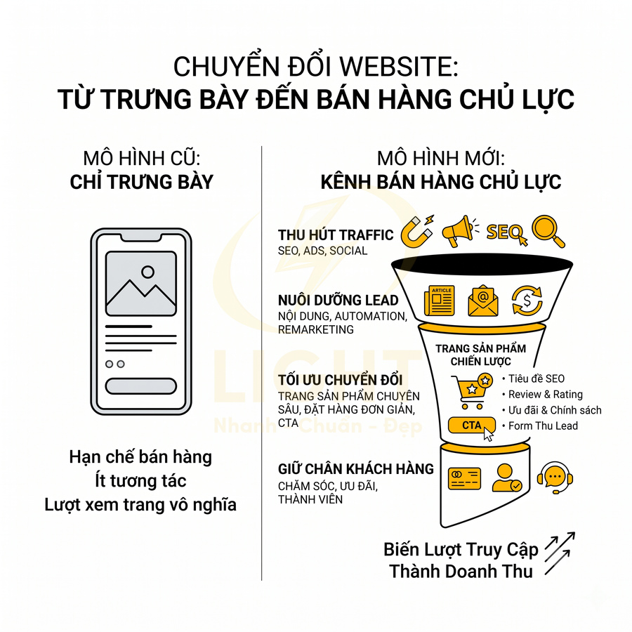 Mô hình chuyển đổi website từ chỉ trưng bày sang kênh bán hàng chủ lực với phễu marketing chi tiết