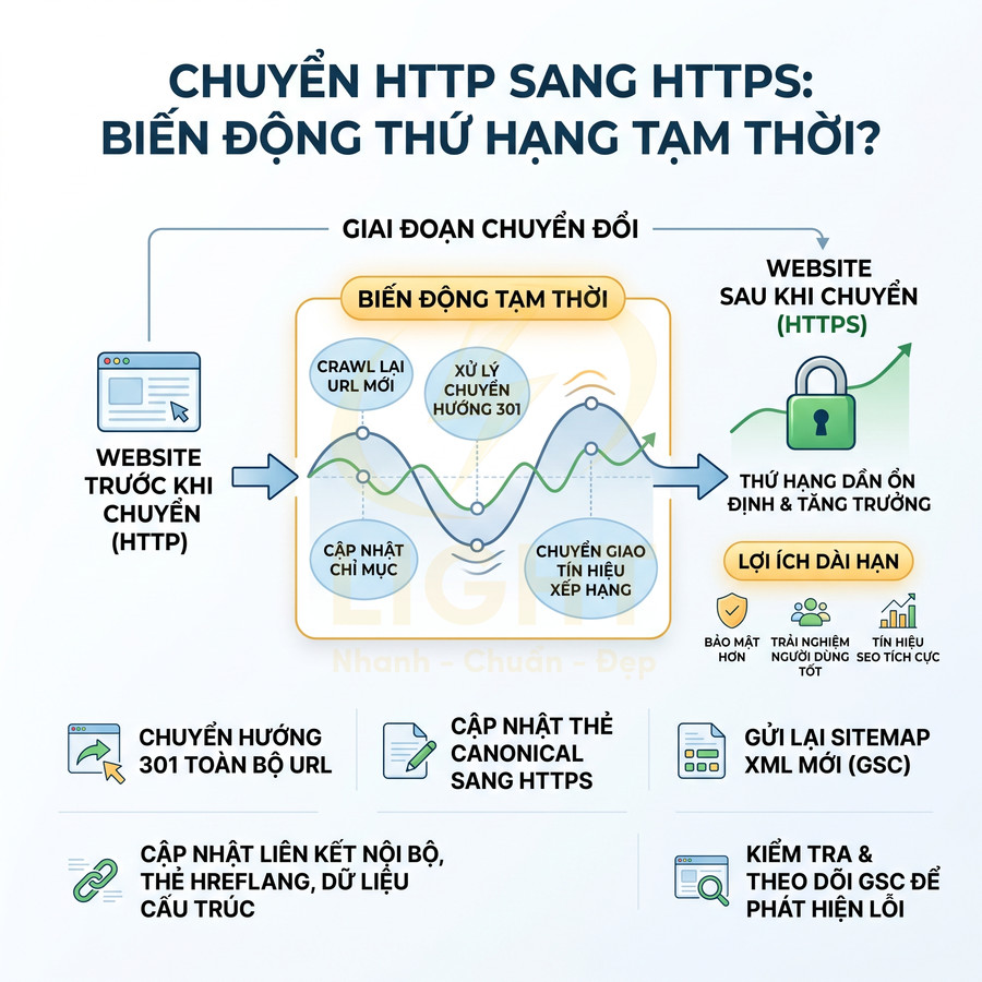 Quy trình chuyển website từ HTTP sang HTTPS, mô tả biến động thứ hạng tạm thời và các bước SEO kỹ thuật