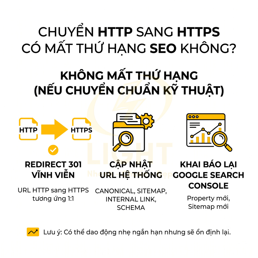 Hướng dẫn chuyển HTTP sang HTTPS không mất thứ hạng SEO với redirect 301, cập nhật URL và khai báo Google Search Console