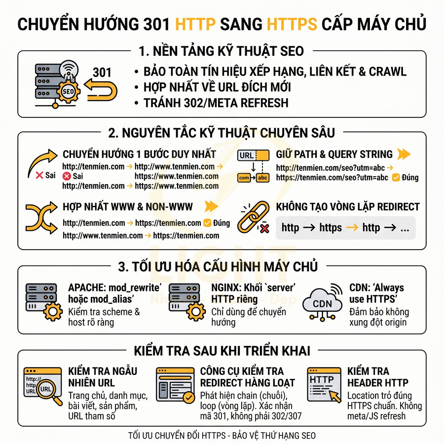 Hướng dẫn kỹ thuật SEO chuyển hướng 301 từ HTTP sang HTTPS trên máy chủ và kiểm tra cấu hình redirect