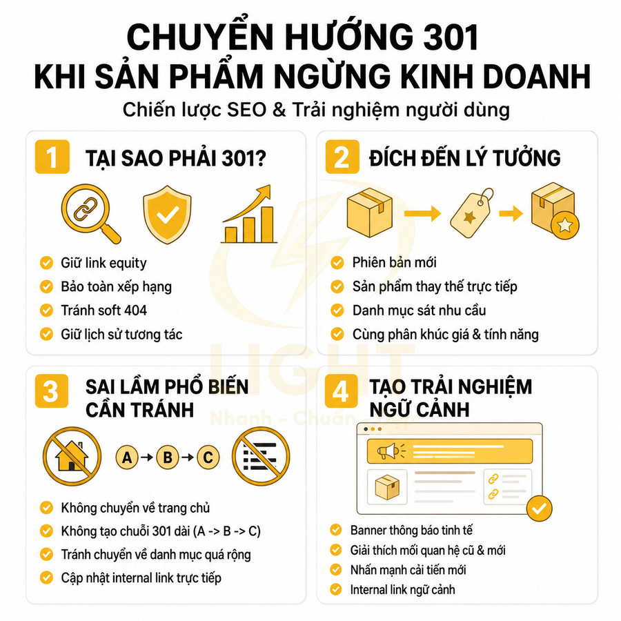 Infographic hướng dẫn chuyển hướng 301 khi sản phẩm ngừng kinh doanh tối ưu SEO và trải nghiệm người dùng