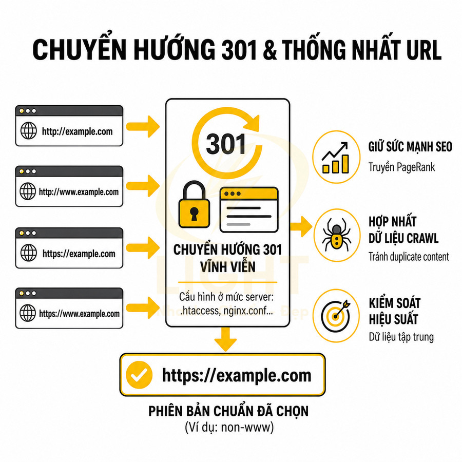 Minh họa chuyển hướng 301 hợp nhất nhiều URL về một phiên bản chuẩn để tối ưu SEO và dữ liệu crawl