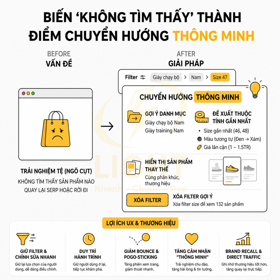 Minh họa giải pháp chuyển hướng thông minh khi không tìm thấy sản phẩm, gợi ý giày chạy bộ và sản phẩm thay thế