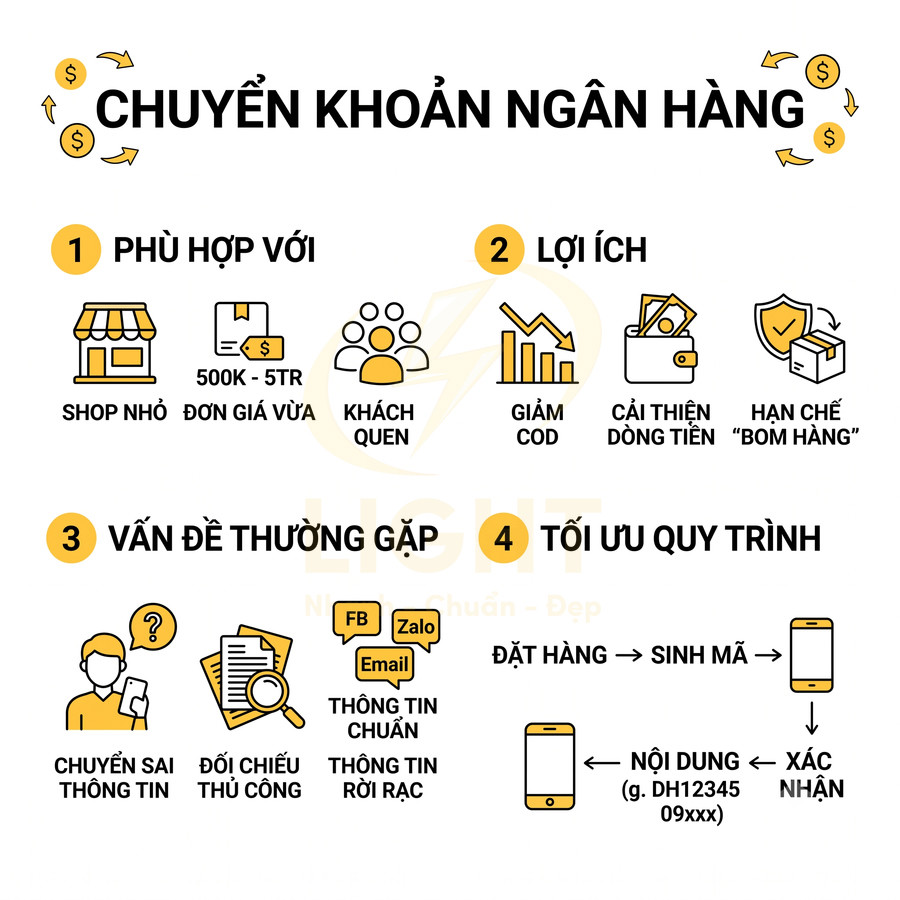 Infographic hướng dẫn chuyển khoản ngân hàng cho shop online, nêu lợi ích, vấn đề thường gặp và quy trình tối ưu