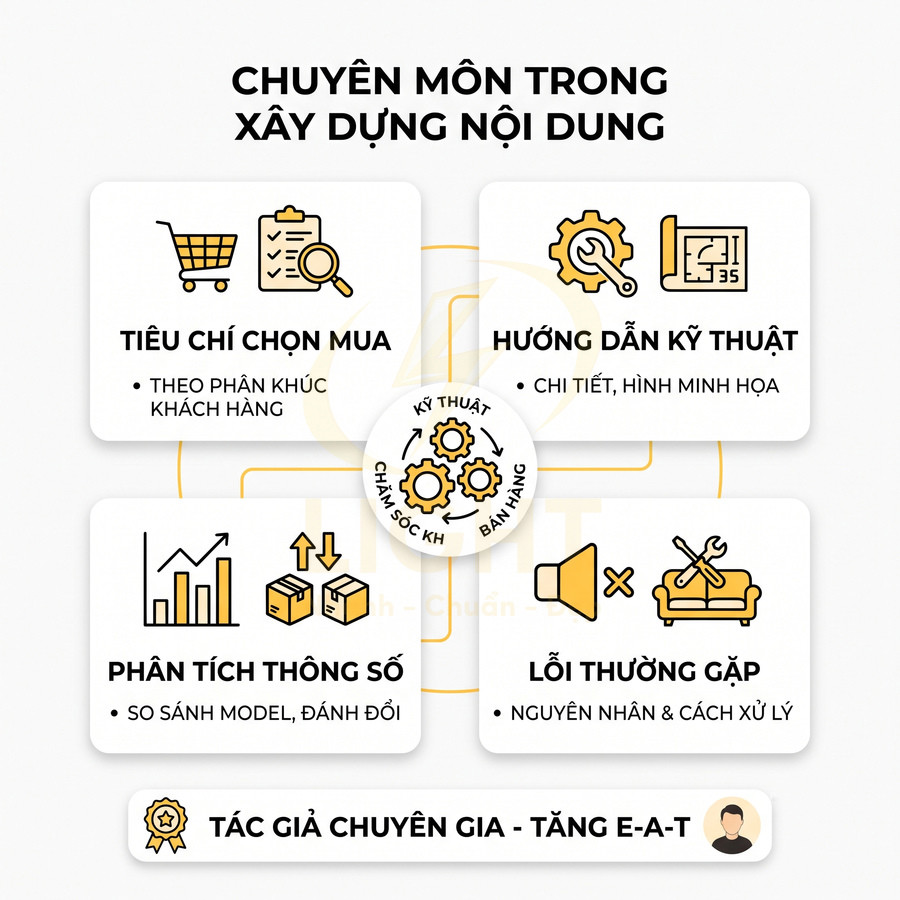 Infographic chuyên môn xây dựng nội dung với tiêu chí chọn mua, hướng dẫn kỹ thuật, phân tích thông số và xử lý lỗi thường gặp