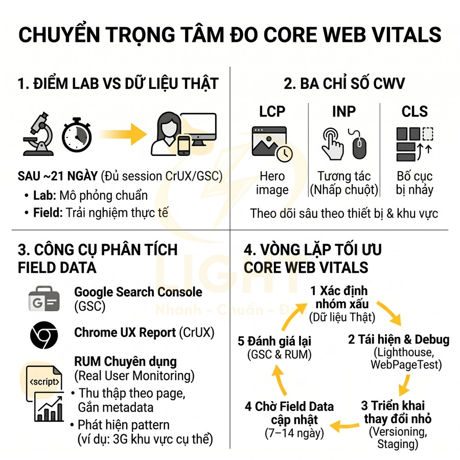 Sơ đồ quy trình đo lường và tối ưu Core Web Vitals với công cụ Google Search Console và Chrome UX Report