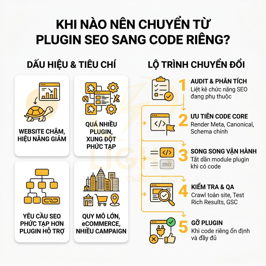 Hướng dẫn khi nào nên chuyển từ plugin SEO sang code riêng và lộ trình 5 bước tối ưu website