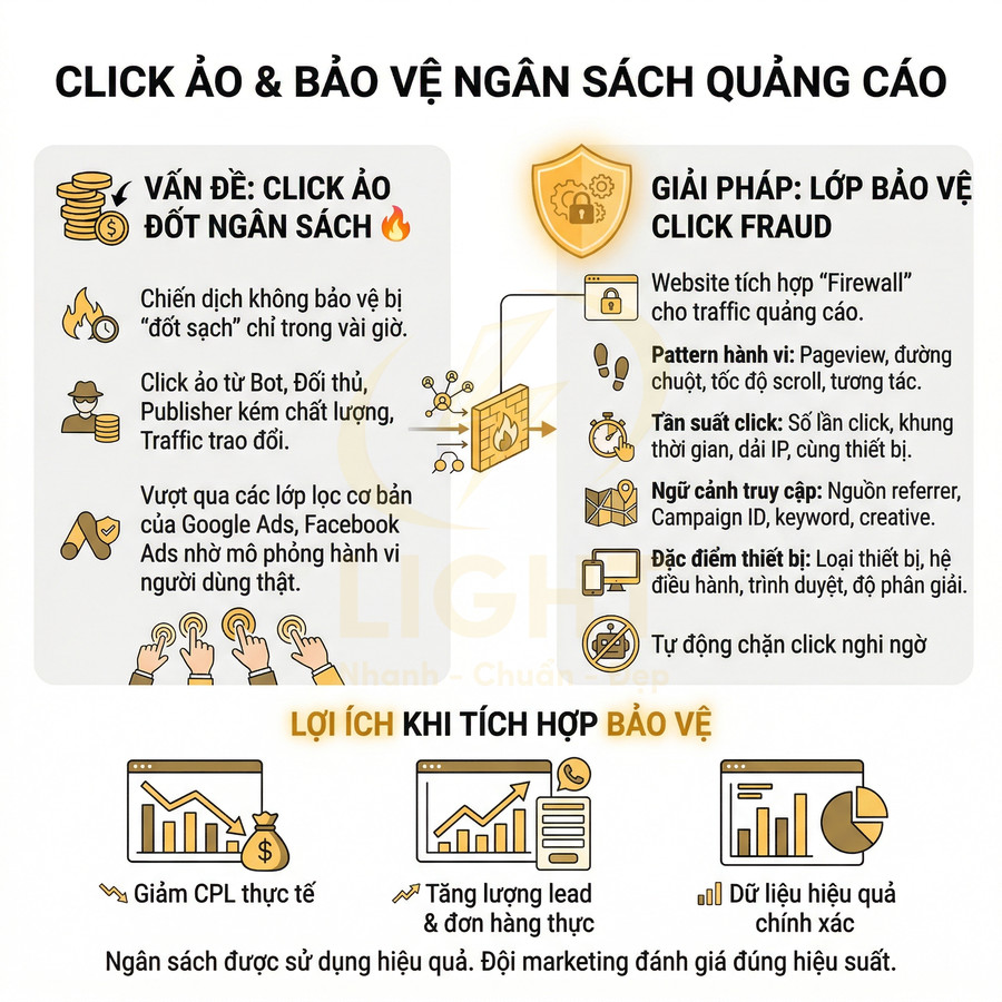 Infographic giải pháp bảo vệ ngân sách quảng cáo khỏi click ảo và lợi ích khi tích hợp lớp bảo vệ click fraud