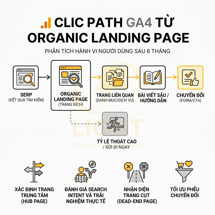 Sơ đồ click path GA4 từ SERP đến organic landing page, trang liên quan, bài viết hướng dẫn và chuyển đổi, kèm tỷ lệ thoát