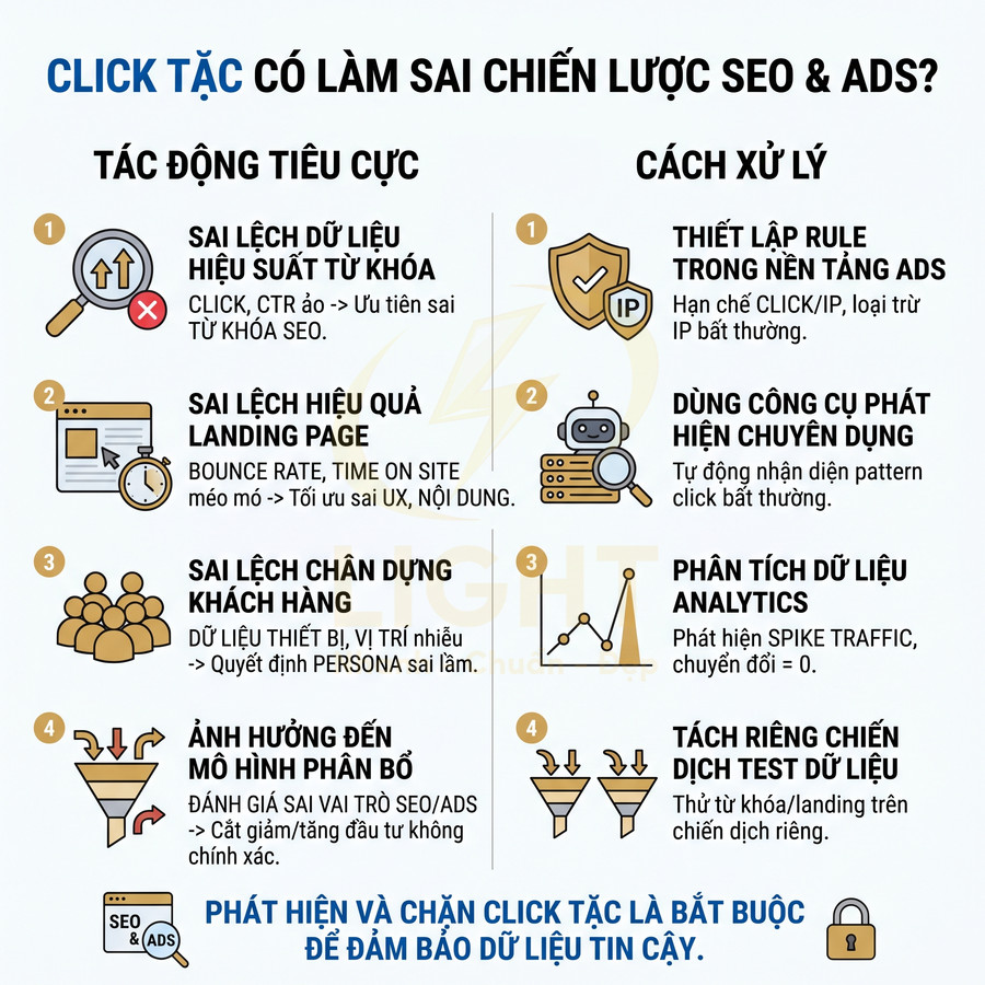 Infographic giải thích tác hại của click tặc với chiến lược SEO Ads và cách xử lý để đảm bảo dữ liệu tin cậy