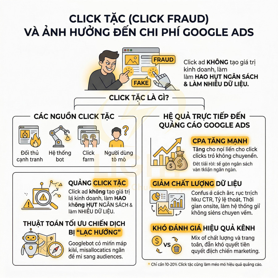 Infographic giải thích click tặc click fraud và tác hại đến chi phí quảng cáo Google Ads