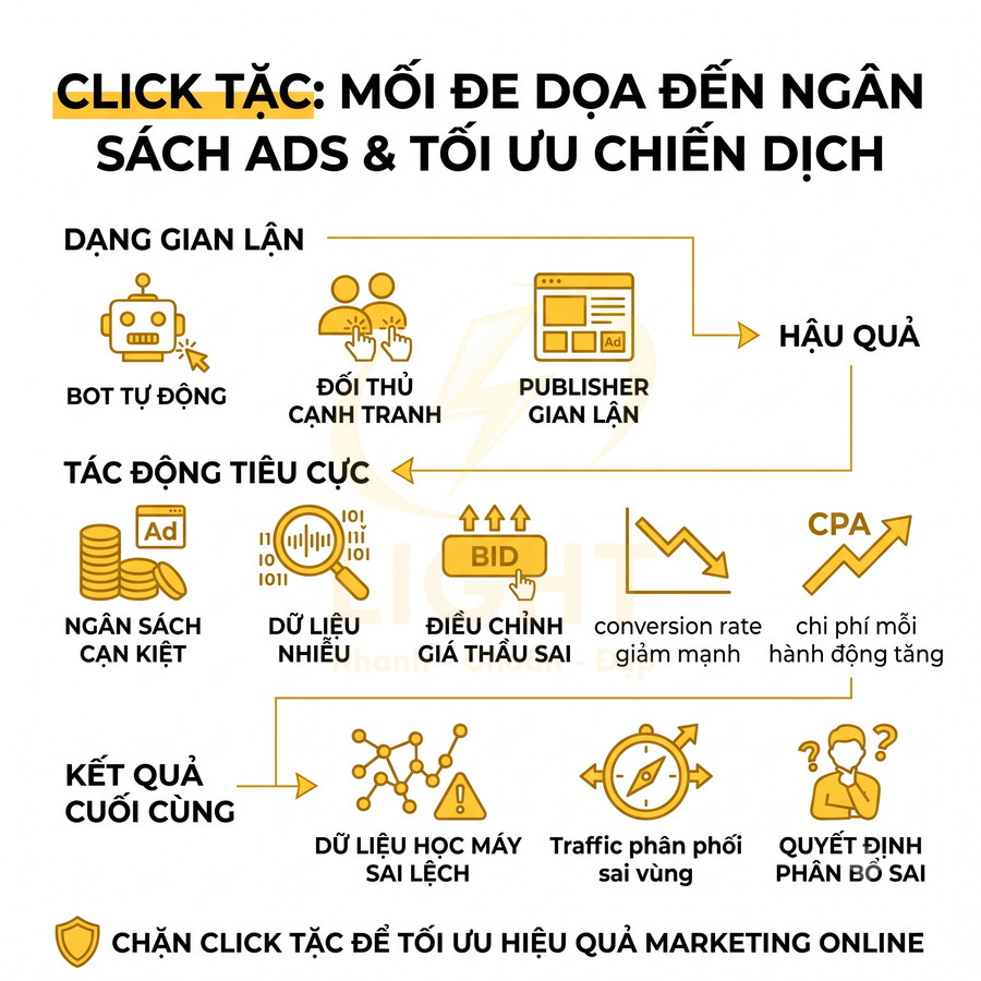 Infographic về click tặc gây thất thoát ngân sách quảng cáo và ảnh hưởng tối ưu chiến dịch marketing online