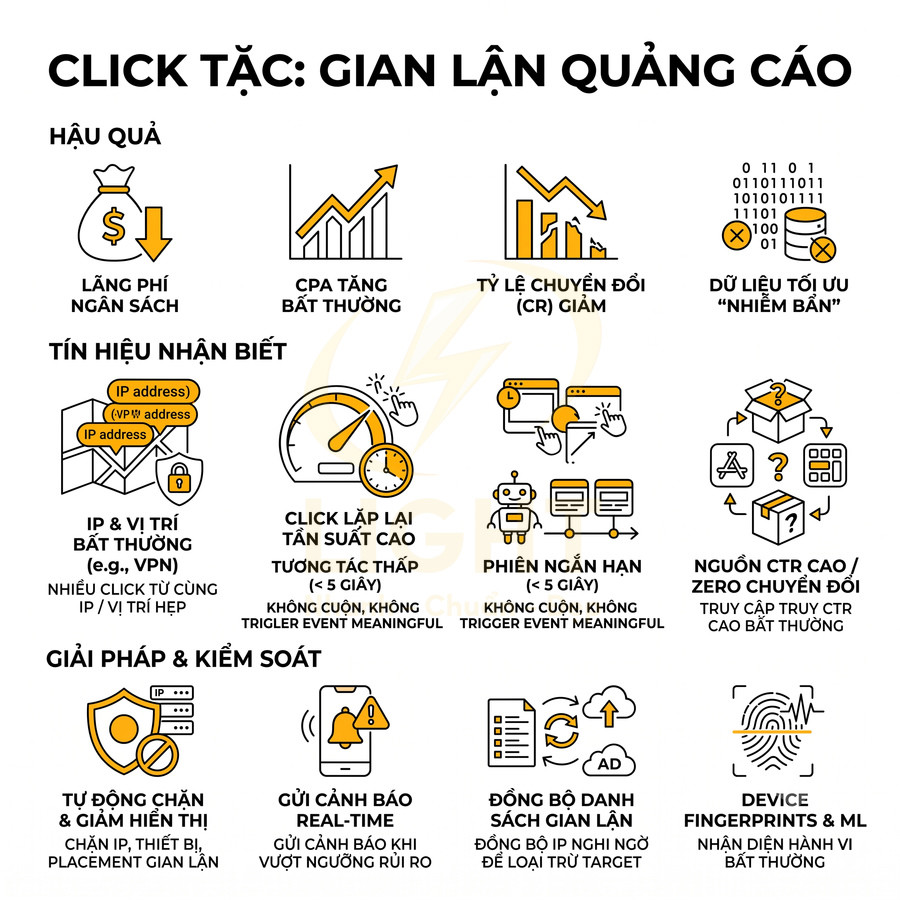 Minh họa click tặc trong quảng cáo online, hậu quả, tín hiệu nhận biết và giải pháp chống gian lận quảng cáo