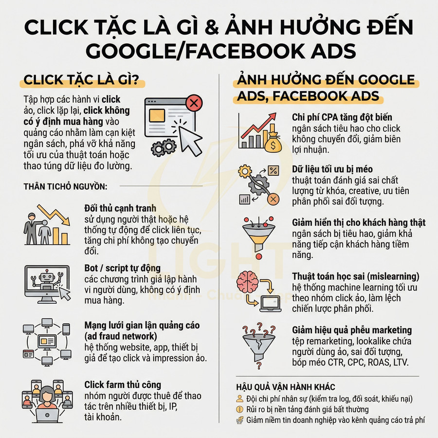Infographic giải thích click tặc là gì và ảnh hưởng đến quảng cáo Google Ads, Facebook Ads cho nhà quảng cáo