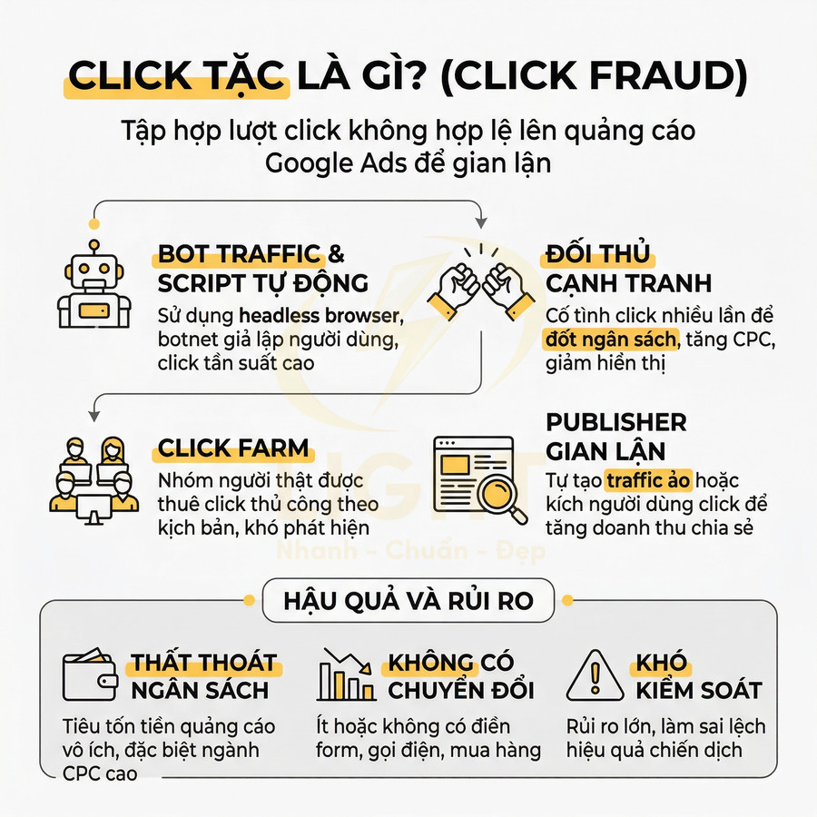 Infographic giải thích click tặc click fraud trong quảng cáo Google Ads, các hình thức gian lận và hậu quả rủi ro
