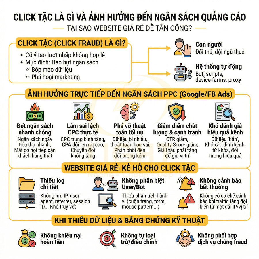 Infographic giải thích click tặc click fraud và tác hại đến ngân sách quảng cáo PPC Google Facebook Ads
