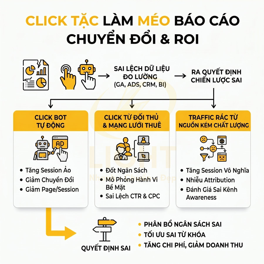 Minh họa tác hại click tặc làm sai lệch dữ liệu chuyển đổi ROI và gây quyết định marketing sai