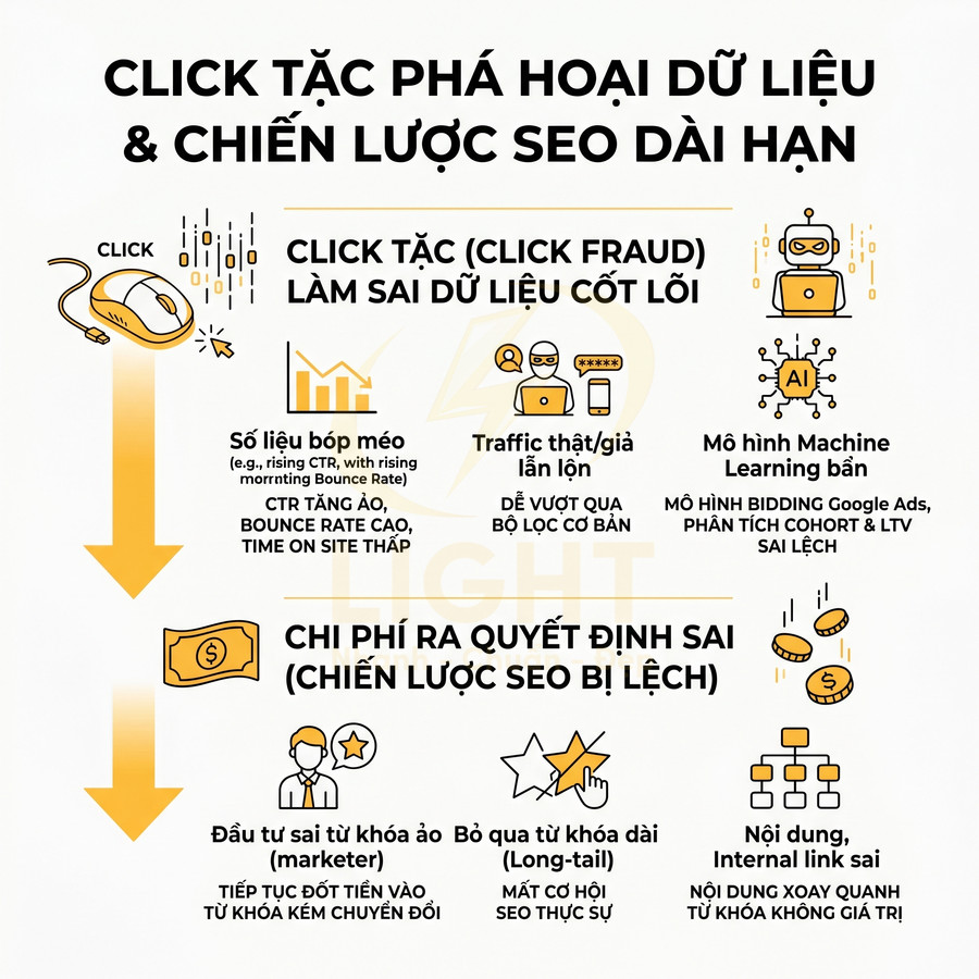 Infographic về click tặc làm sai lệch dữ liệu, tăng chi phí và phá hỏng chiến lược SEO dài hạn
