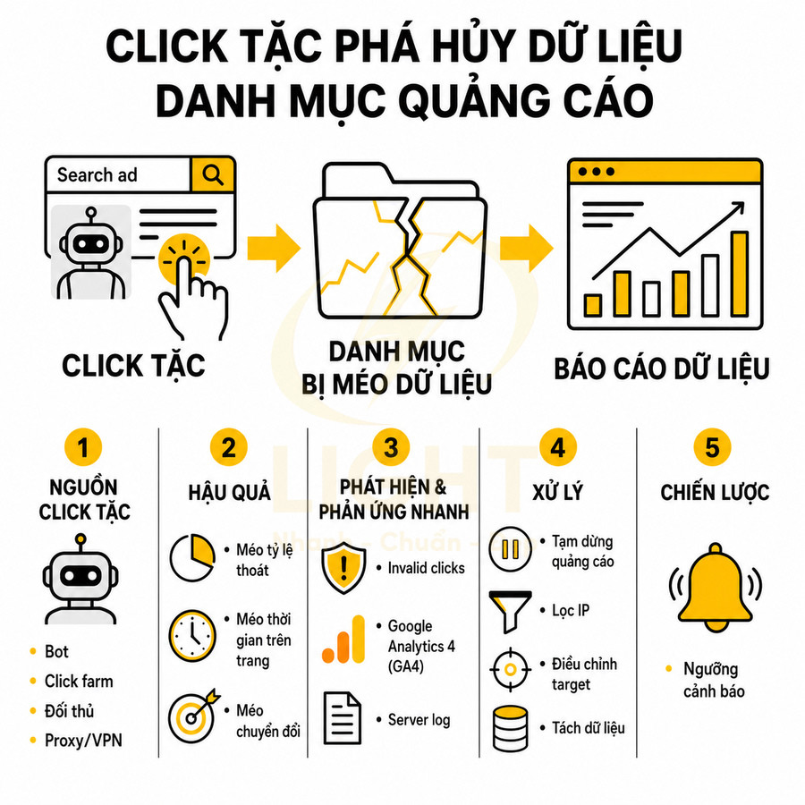 Infographic về click tặc làm méo dữ liệu danh mục quảng cáo và cách phát hiện xử lý trong chiến dịch marketing