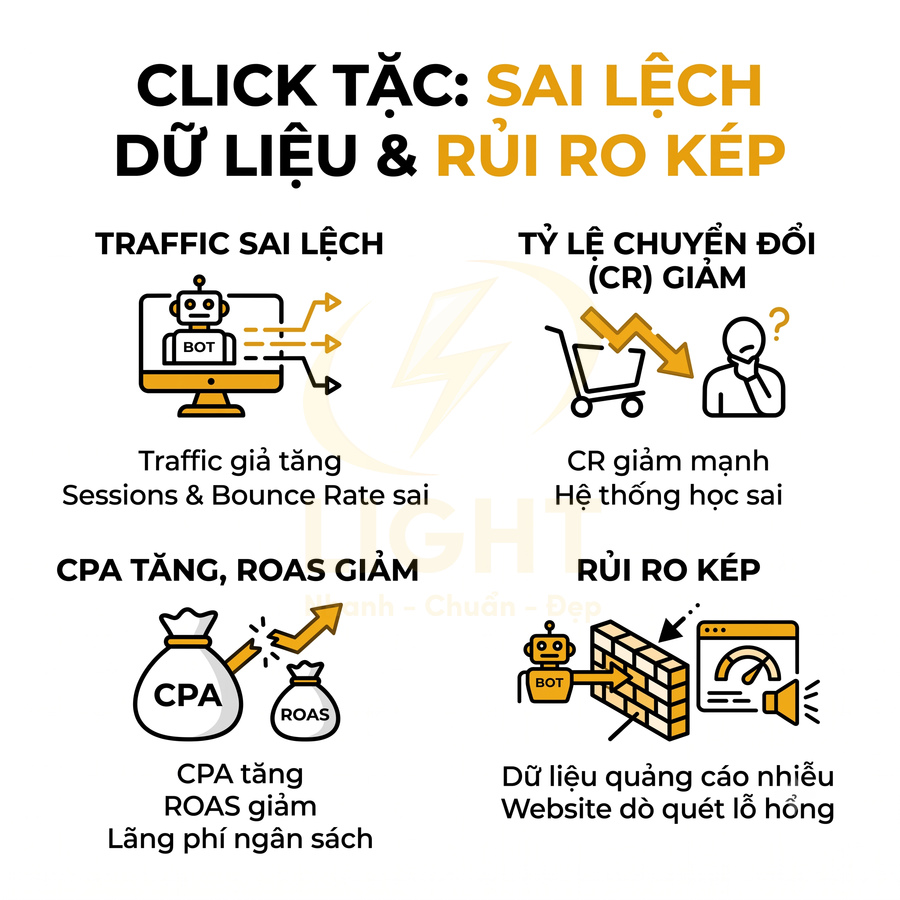 Infographic về click tặc gây sai lệch dữ liệu, giảm tỷ lệ chuyển đổi và tăng rủi ro cho quảng cáo online