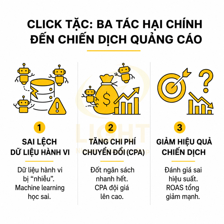 Infographic click tặc nêu ba tác hại chính đến chiến dịch quảng cáo online và hiệu quả chuyển đổi