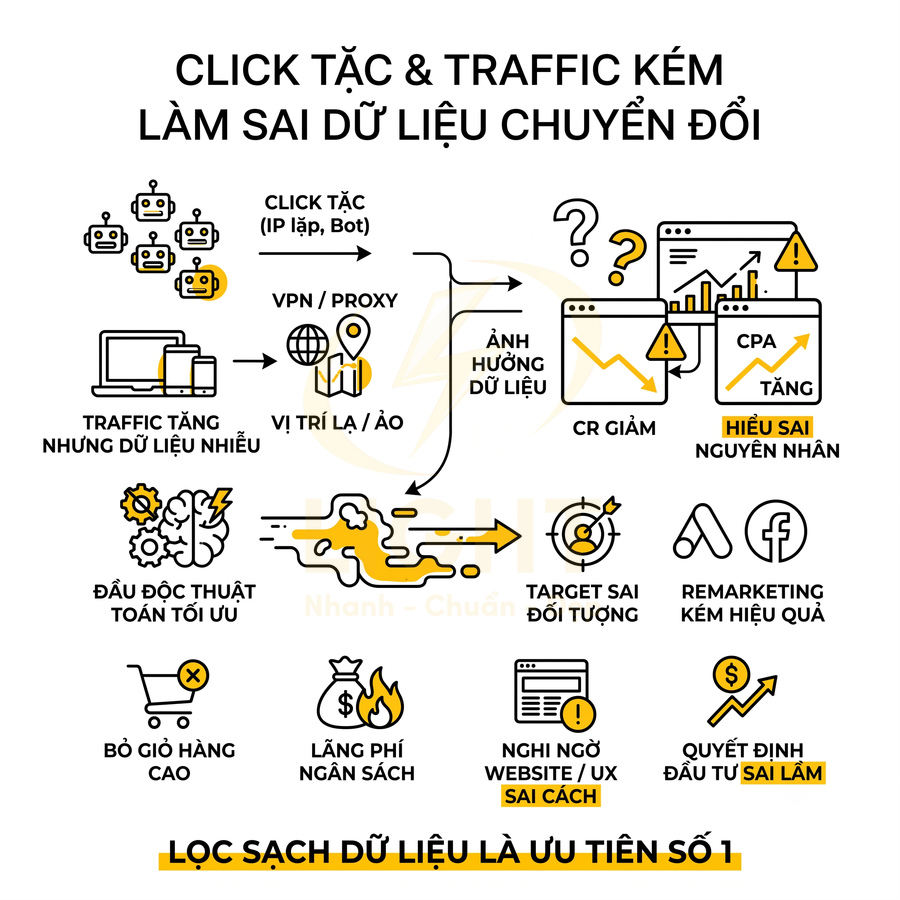 Infographic về tác hại click tặc và traffic kém làm sai lệch dữ liệu chuyển đổi quảng cáo online
