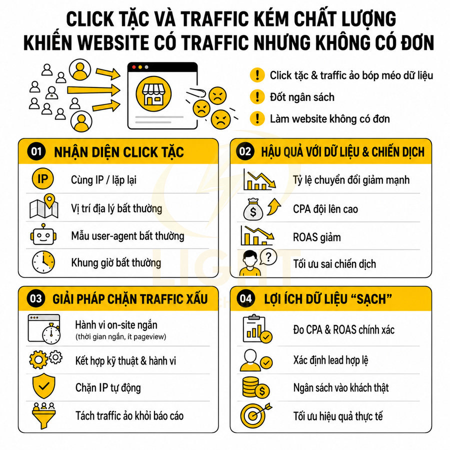 Infographic tiếng Việt về click tặc, traffic kém chất lượng và giải pháp chặn traffic xấu cho chiến dịch quảng cáo online