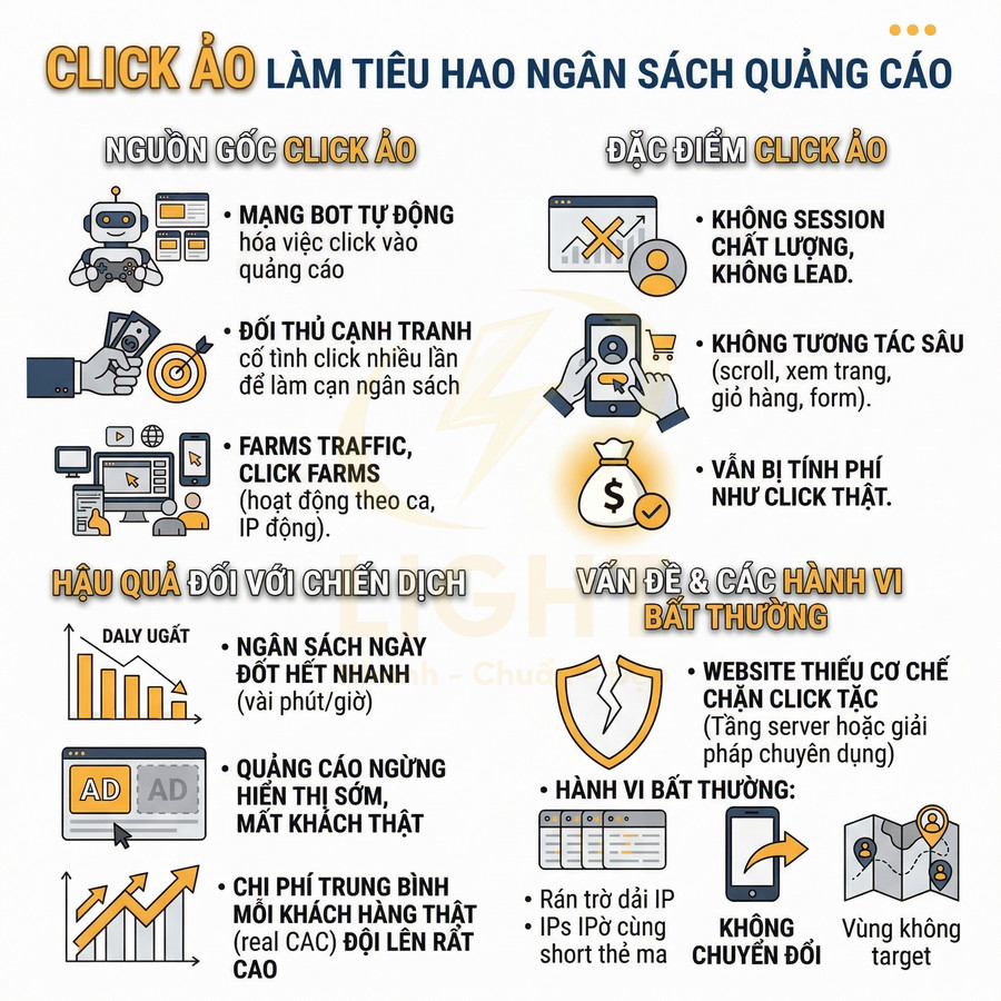 Infographic tiếng Việt giải thích click ảo trong quảng cáo online, nguồn gốc, đặc điểm và hậu quả cho ngân sách marketing