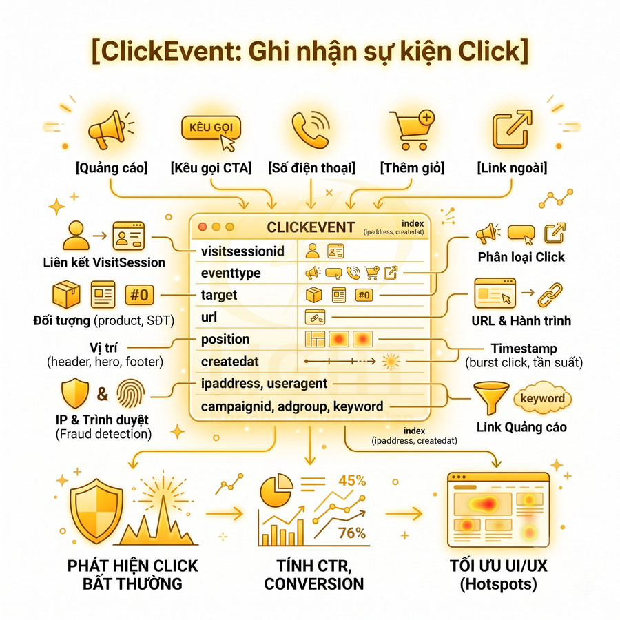 Mô hình ClickEvent ghi nhận sự kiện click quảng cáo, phân loại click, phát hiện click bất thường và tối ưu UI UX