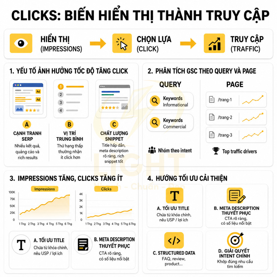 Infographic quy trình tối ưu SEO tăng click từ impressions đến traffic với phân tích GSC và cải thiện title, meta description