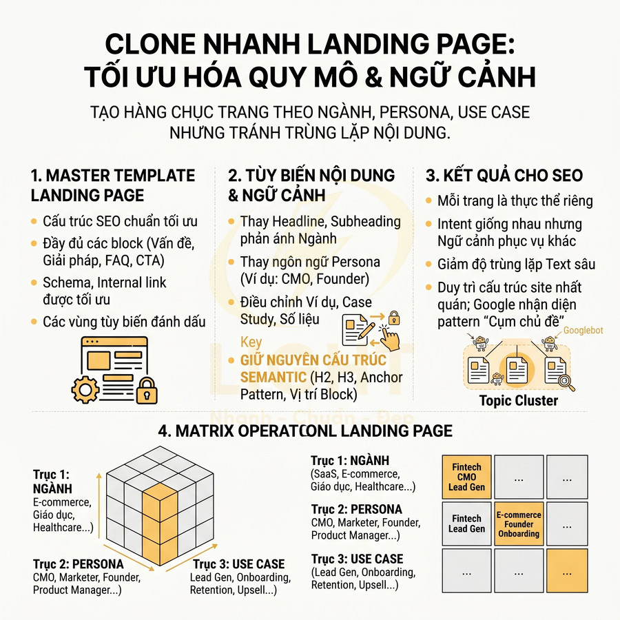 Infographic hướng dẫn clone nhanh landing page tối ưu SEO theo ngành, persona và use case bằng matrix nội dung